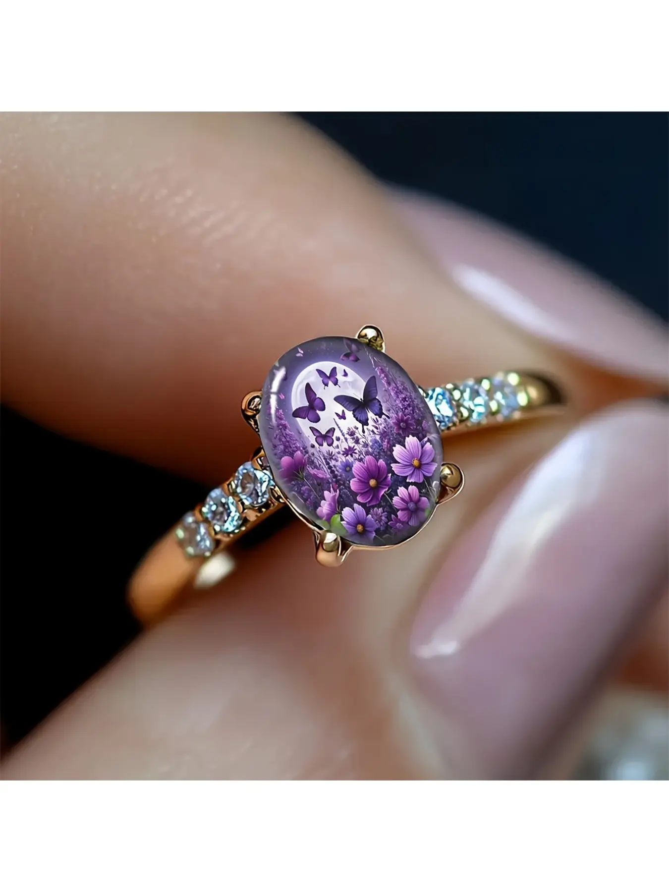 The Purple Flower Moonlit Butterfly Diamond Rose Gold Ring features a dreamy oil painting texture main stone, with a gradient purple color scheme depicting wild chrysanthemums and lavender flower clusters. Multiple deep and light purple butterflies surrou