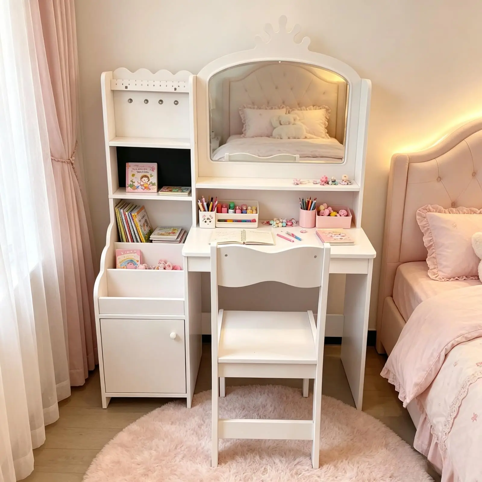 Garvee Toddler Princess Look Makeup Vanity Set - 3-Color Lighted Mirror, Jewelry Storage, Open Bookshelf, Small Chair, Sturdy Base, Kids' Indoor Furniture