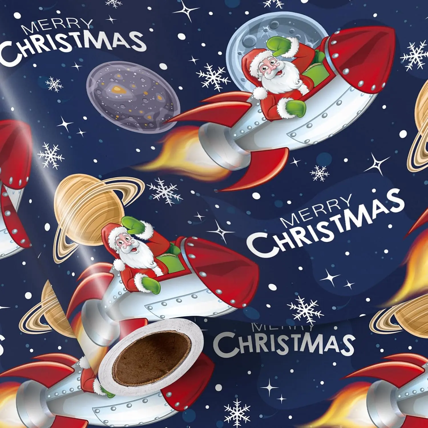 Space Santa Christmas Wrapping Paper Roll for Boys Girls, Mini Roll, Santa in Rocket with Snowflake Galaxy Background, Fun  Wrap for  and Teens Holiday Gifts, 17 Inches x 16.4