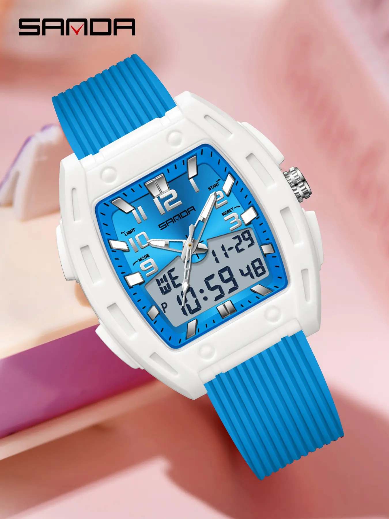 Sanda Tonneau Watch Dual Display Dual Time Zone, Waterproof Luminous Multi-Function Digital Watch for Students, Resin Case, Analog Face