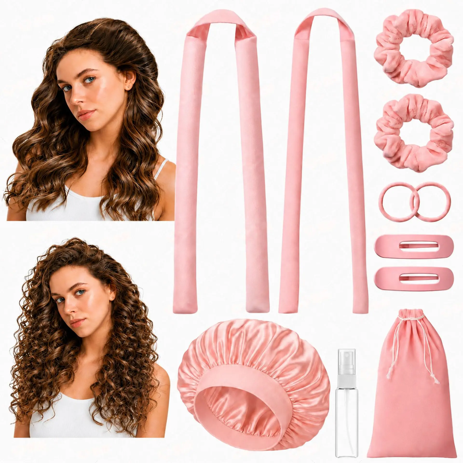 New Padded Heatless Curling Set for Women. Soft foam hair curler creates natural wave curls overnight without damaging hair. Lazy sleep styling kit, easy DIY hairstyle accessory for daily home use.