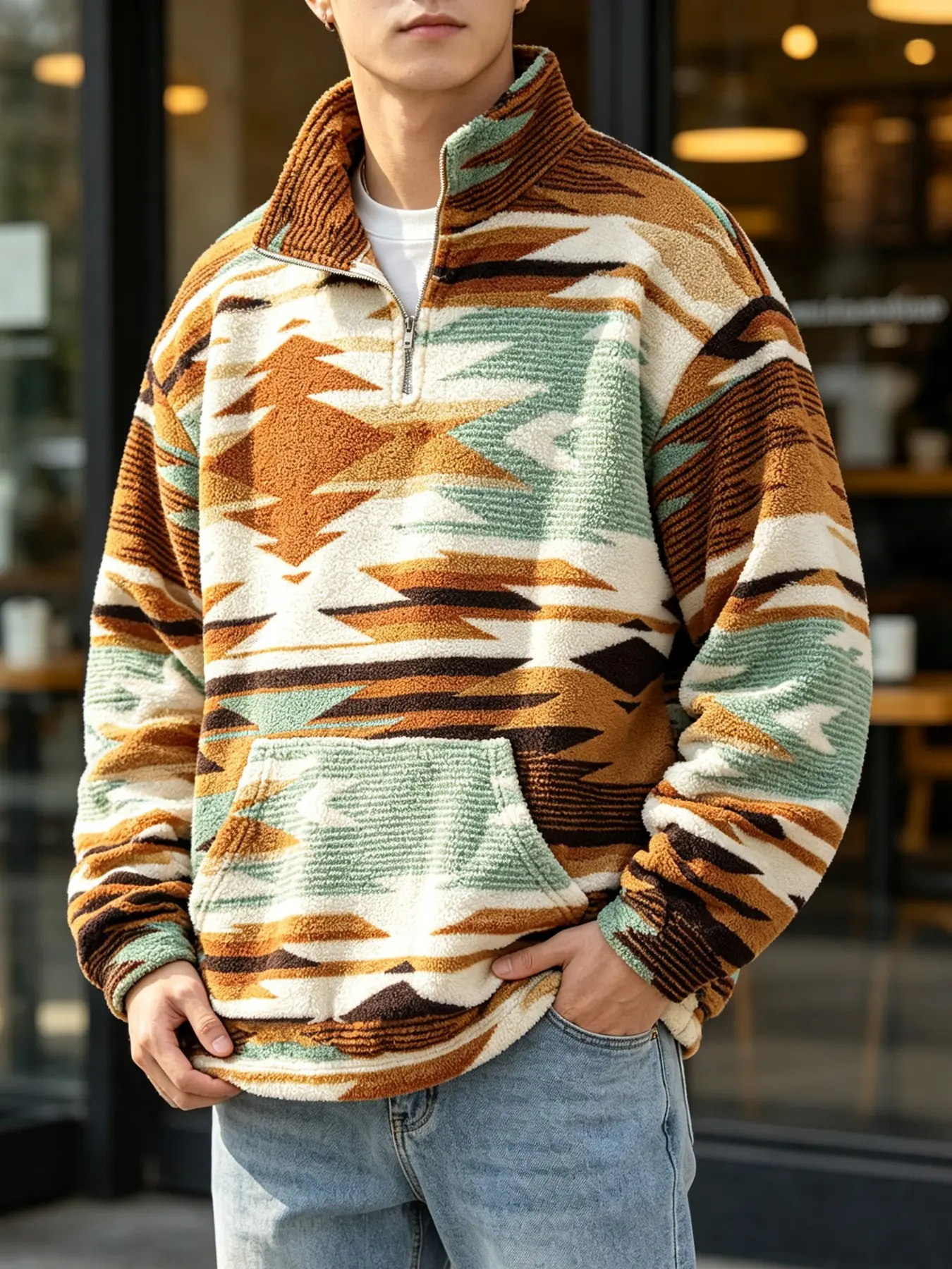Men's Vintage Navajo Tribal Print Sherpa Fleece Pullover, Soft Plush Half Zip Sweatshirt, Retro Western Streetwear, Warm Fall Winter Jacket