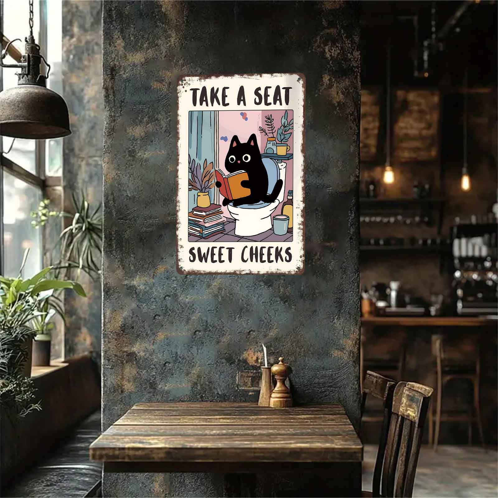 8x12 Inch Aluminum Metal Sign - "Take A Seat Sweet Cheeks" Cute Black Cat Bathroom Decor |   Ideal for Home, Guest Bathroom, Salon, and Cat Lovers' Space |   Whimsical Tin Plaque, Easy to Mount, Perfect Housewarming Gift