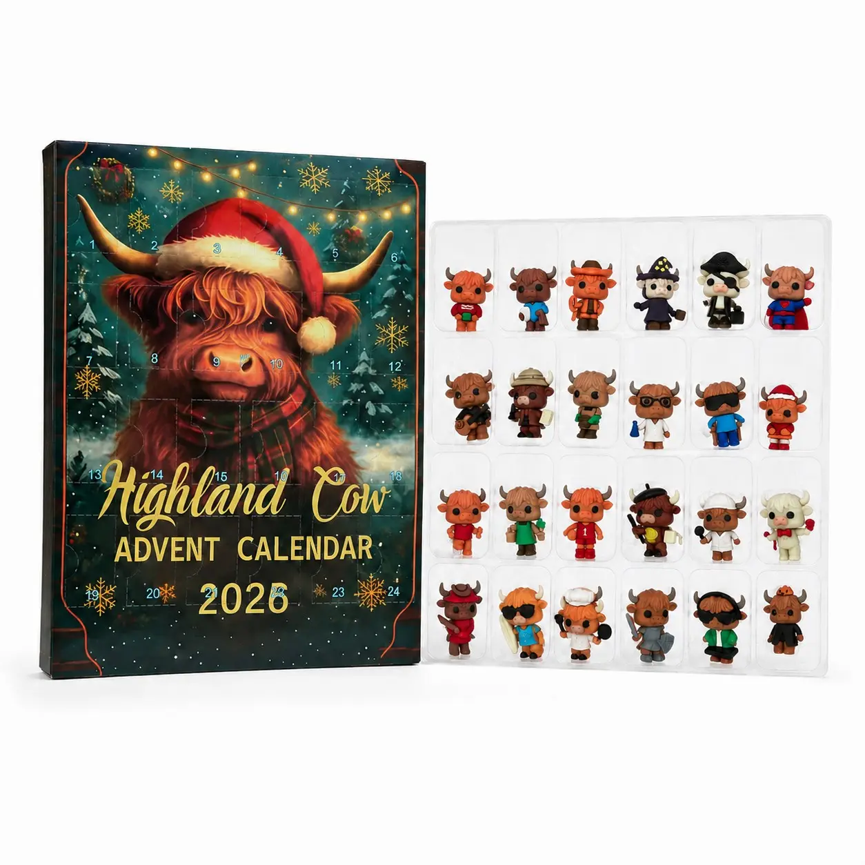 Highland Cow Arrival Calendar, 24-Day Christmas Countdown 3D Cow Doll Decoration, Family Christmas Tree Gift, Santa Hat Design, Holiday Ornament