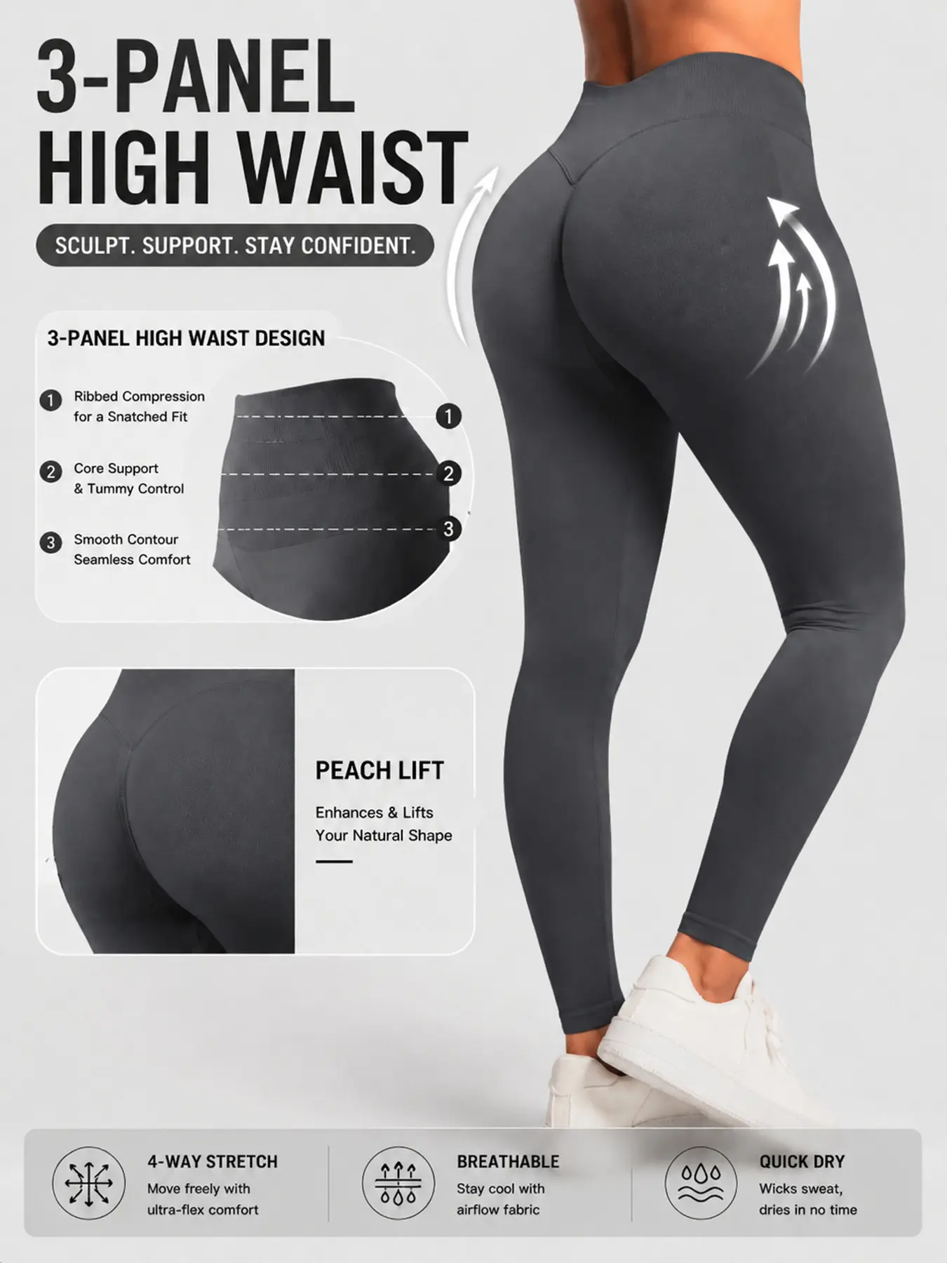 Women High Waisted Butt Lifting Compression Yoga Pants, High Waist Leggings, Sweat Absorbing Quick Dry Tight Fit leggings