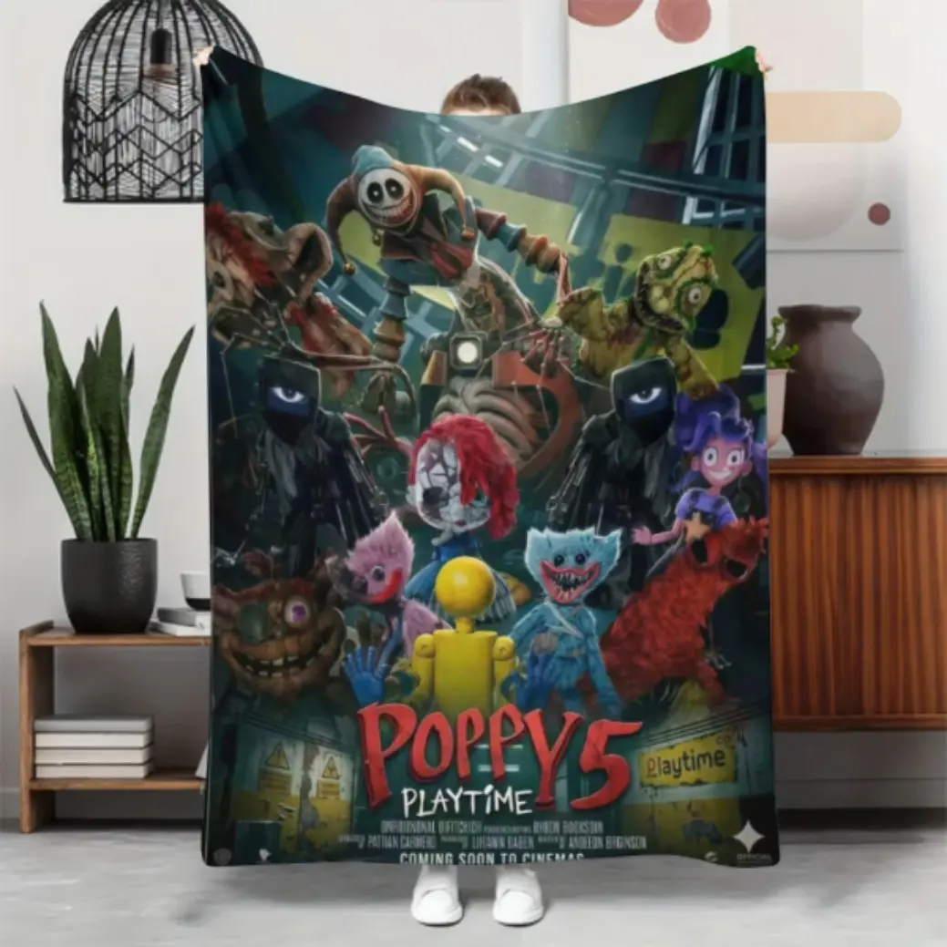 Poppy Playtime Spooky Whimsical Horror Cartoon Character Print Flannel Throw Blanket Huggy Wuggy CatNap Mommy Long Legs Kissy Missy Soft Warm Cozy Children Blanket Adult Blanket Sofa Bed Bedroom Travel Gift