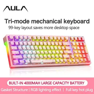 AULA F98 three-mode, Tri mode mechanical keyboard with 98 keys, supports wired/wireless connection, all keys hot-swappable, RGB lighting, 6000mAh battery capacity, compatible with Windows/Mac/iOS, for e-sports and daily office