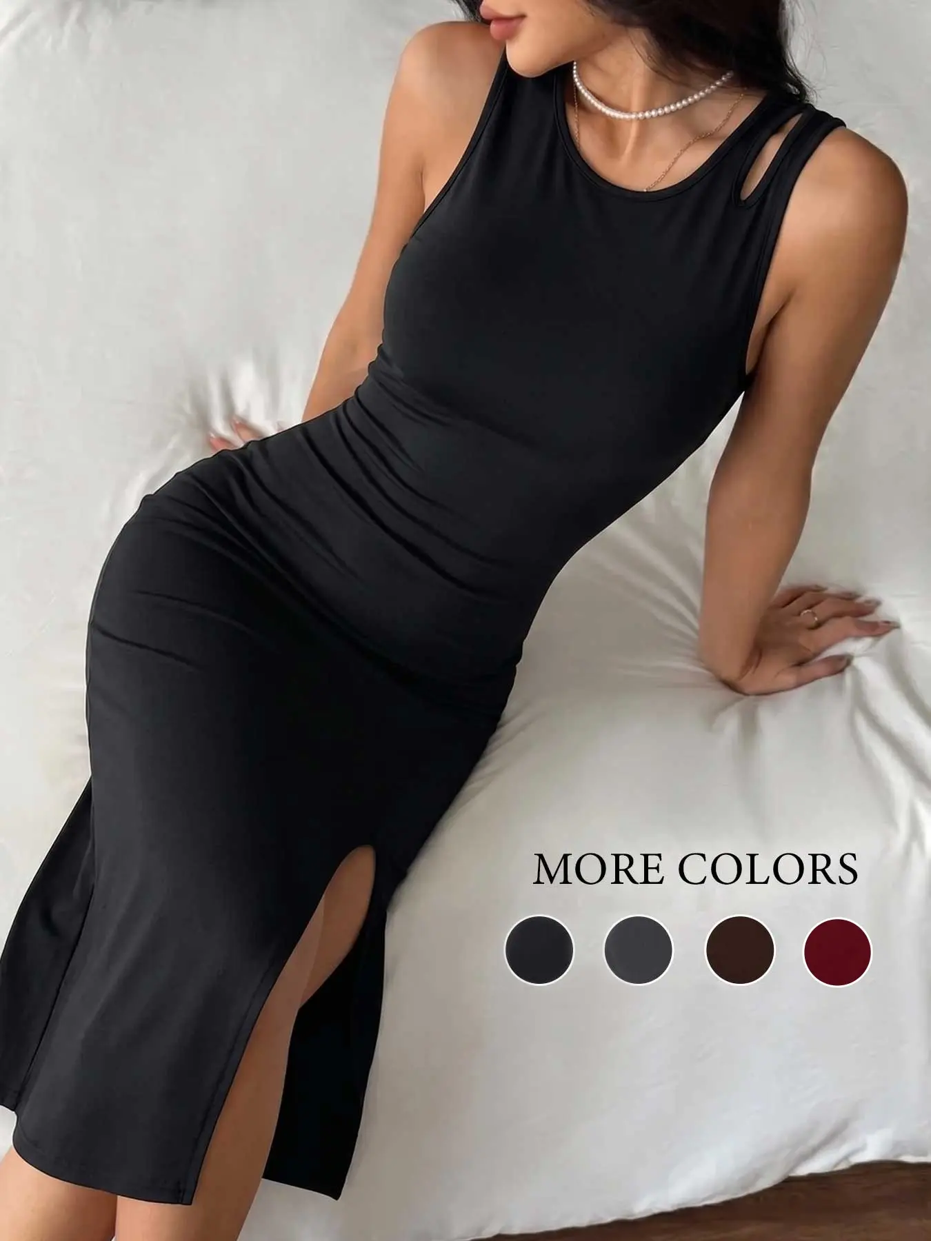 Woman Chic Side Slit Fitted Long Sleeveless Soft Stretch Bodycon Maxi Dress Slim Fit Casual Outdoor Daily Wear Sportswear