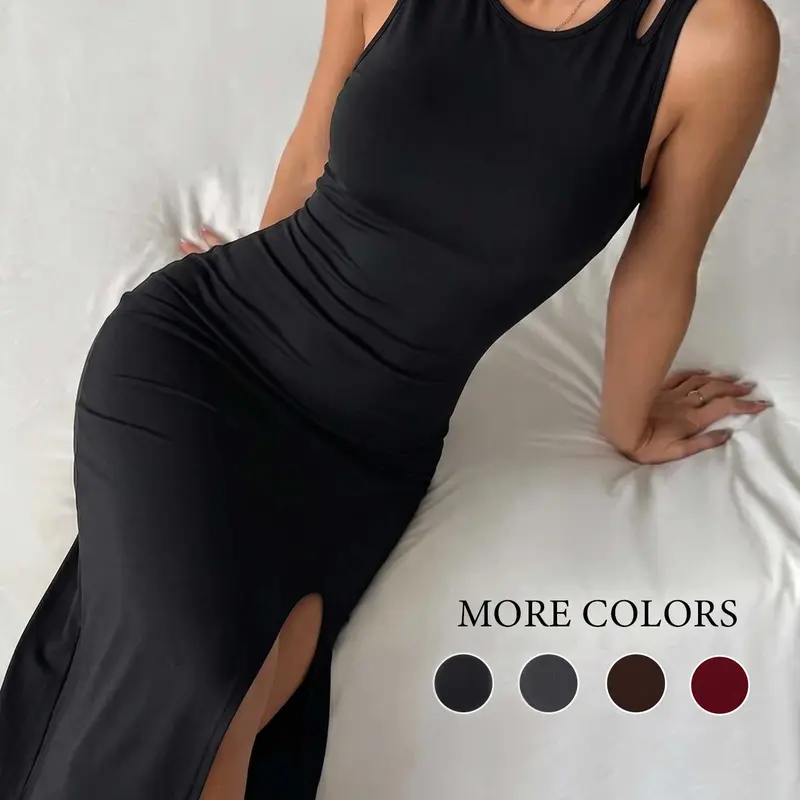 Women's Chic Side-Slit Fitted Long Sleeveless Soft Stretch Bodycon Maxi Dress, Slim Fit Summer Casual Outdoor Daily Wear