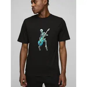180gMen's T-Shirt with Skeleton Design - Loose Fit Streetwear Round Neck Tee Suitable for Music Lovers, Gift for Musicians, Casual Wear for Concerts & Everyday Outfits (Machine Washable)