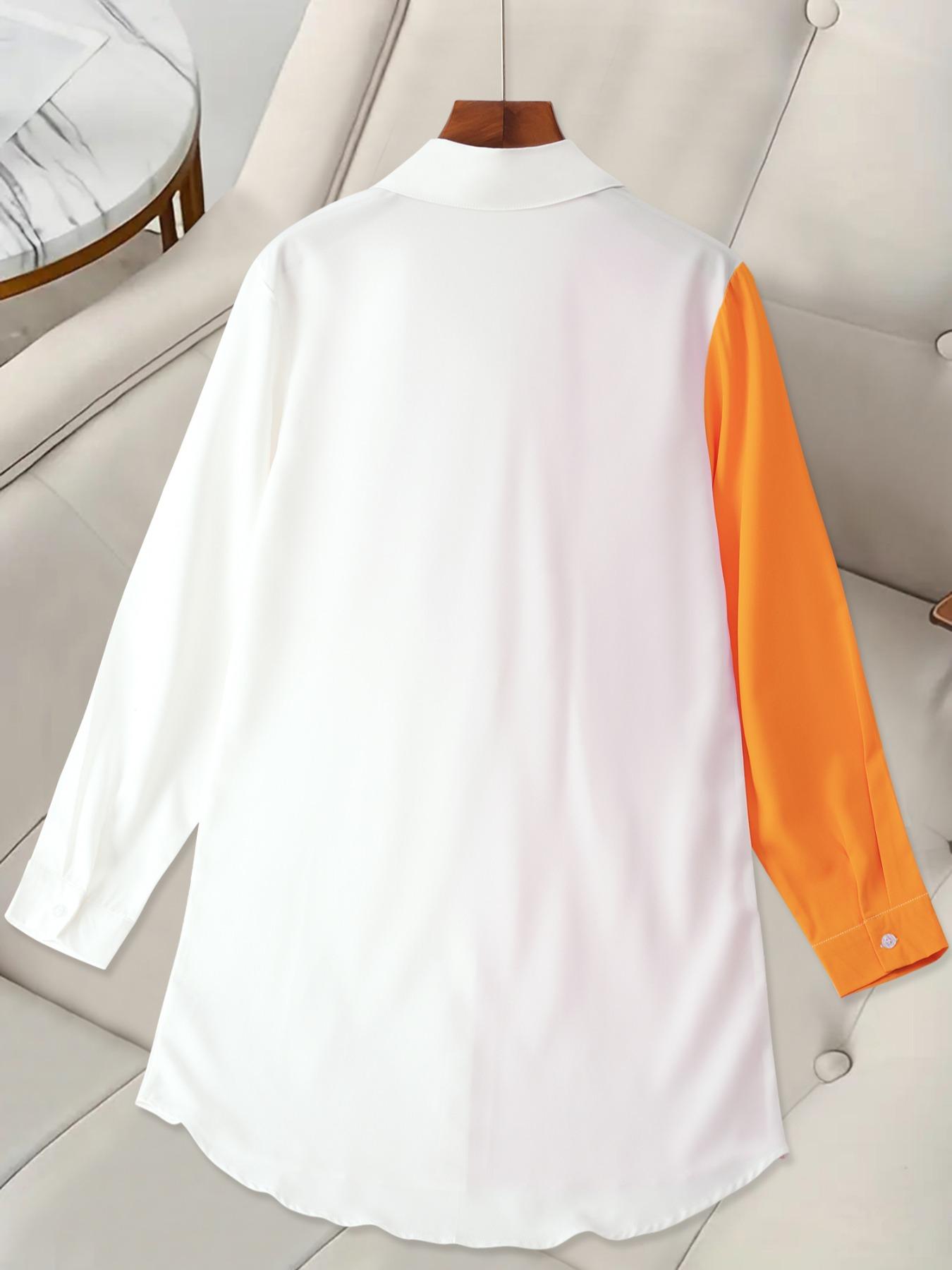 Women's Colorblock Pocket Button Front Curved Hem Shirt, Casual Button Down Long Sleeve Top for Summer, Ladies Clothes for Daily Wear