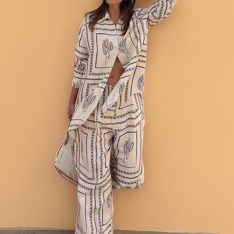 2026 European and American women's clothing, new spring models, casual printing long-sleeved shirt wide-leg pants fashion suit