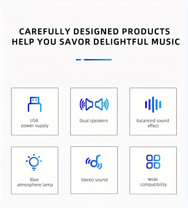 Computer Speakers, Soundbar, Desktop Computer Speakers, Laptop Speakers, Desktop Speakers, Wired Connection, with LED Ambient Light, USB Interface Power Supply, Suitable for Devices with 3.5Mm Audio Interface Connection, Such As: Computers, Tablets