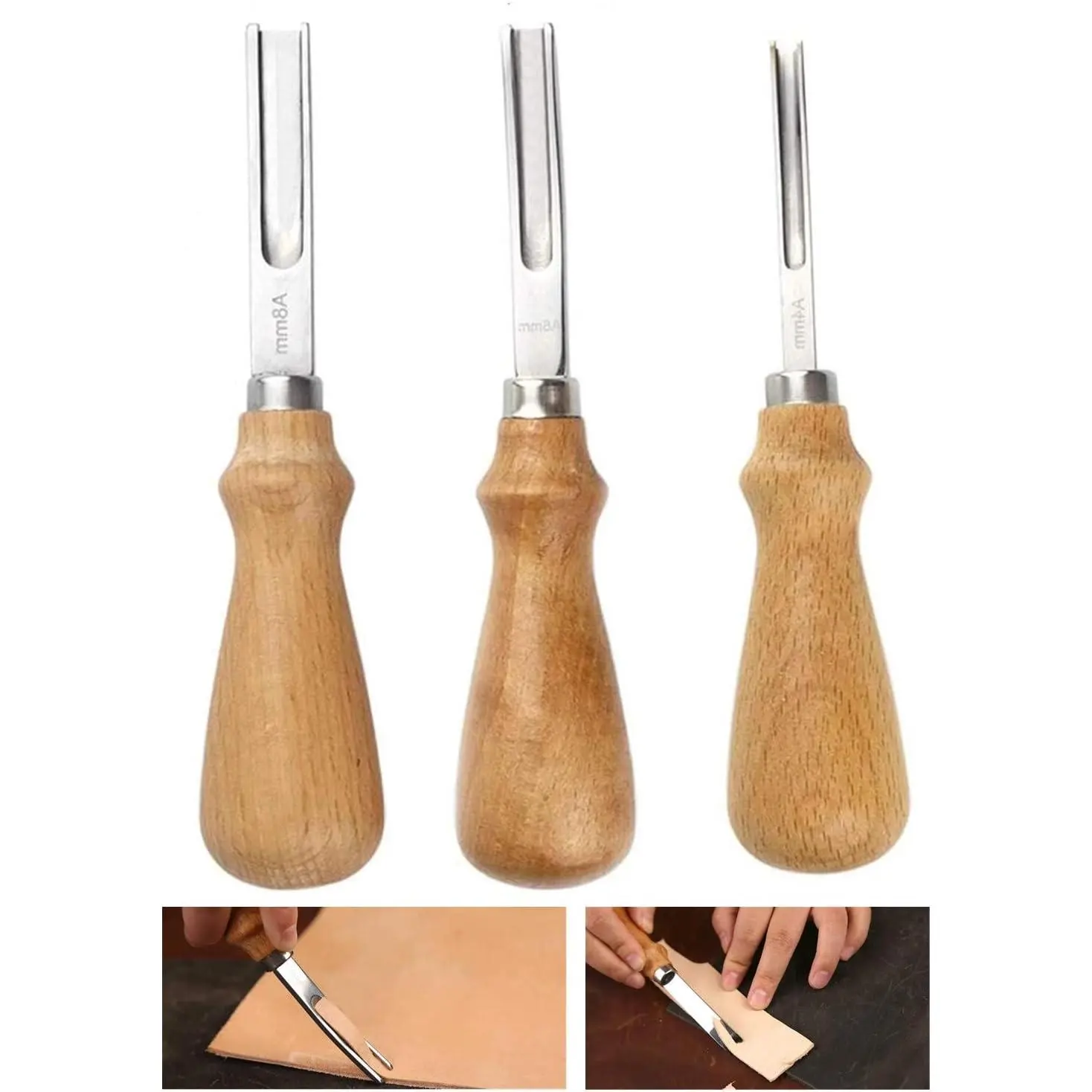 Leather  Skiving Beveler Tool Set,Wide Mouth Leathercraft  Skiving Beveler Leather  Trimmer with Wooden Handle Three Sizes(4mm,6mm and 8mm)