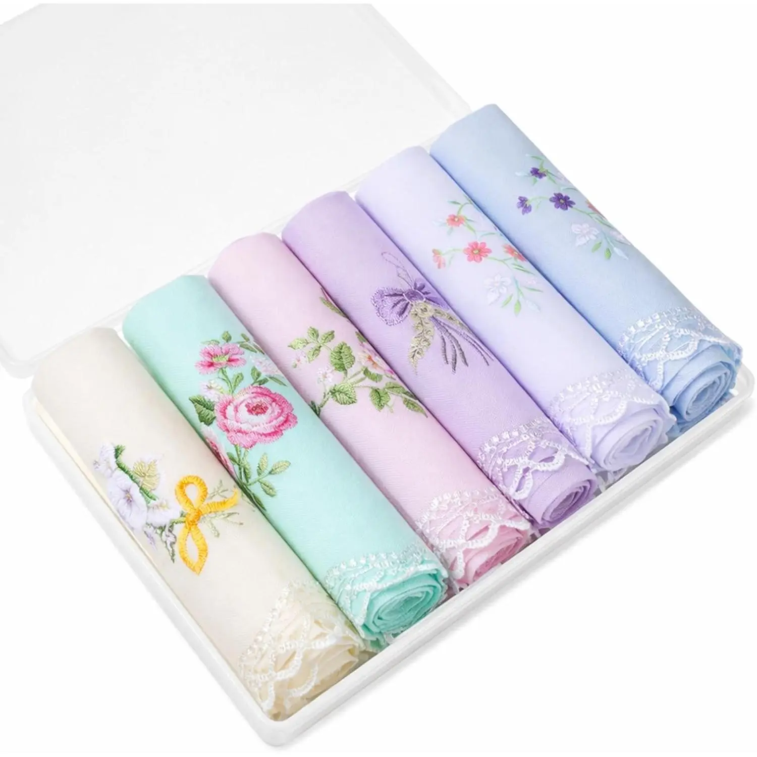 6 Pcs Womens Handkerchiefs Cotton Ladies Handkerchiefs Vintage Floral Embroidered Handkerchief with Lace Edge for Tea Party Favors Wedding Decorations