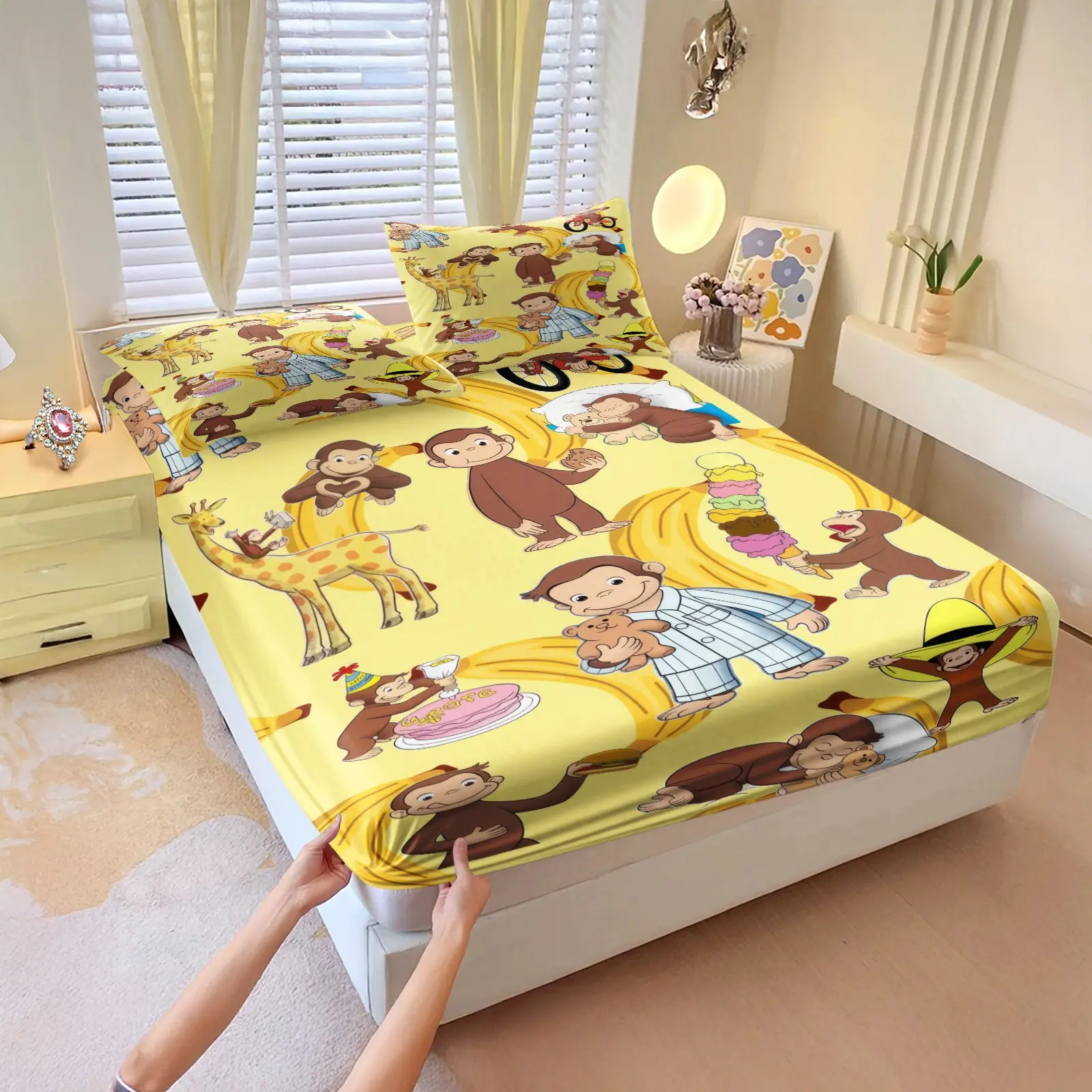3Pcs Fitted Sheet Set, Bedding Set, Cute Sheets, Cute Curious Monkey Pattern, Deep Pocket Elastic, Soft Comfortable, All‑Season, Machine Washable, for Kids Bedroom, Gift for Cartoon Lovers, 1FittedSheet+2Pillowcases, No Pillow Core, No Filler
