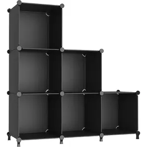 6 Cube DIY Stackable Cube Storage Organizer Shelves, Plastic Closet Organizers and Storage Bookshelf Shelving for Bedroom Home Clothes Storage, Black