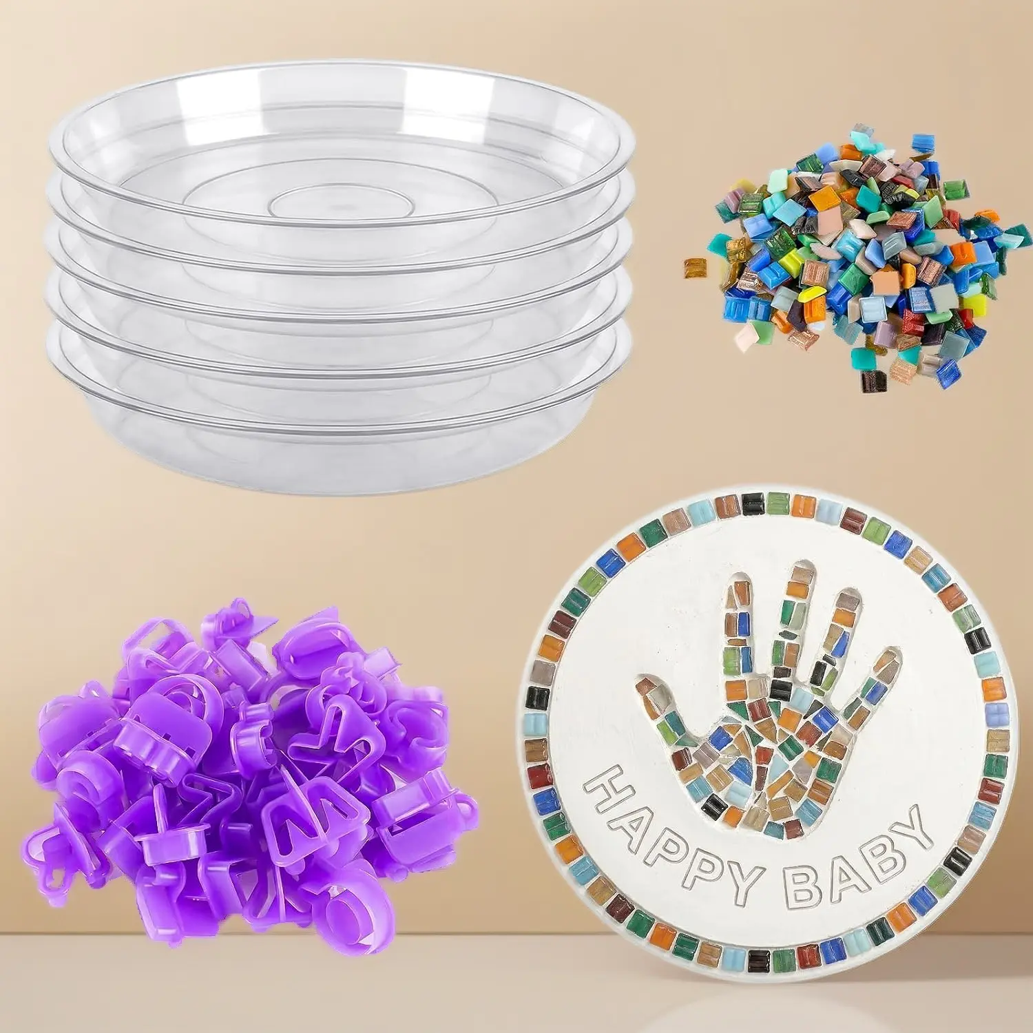 5PCS Round 8in Cement Stepping Stone DIY Kit with Mosaic Tiles & Carving Tools, Kids Outdoor Garden Path Decor, No Concrete