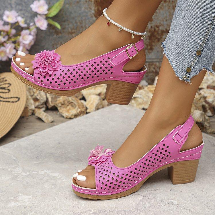 Spring Summer High Heeled Sandals for Women One Strap Hollow Floral Sandals Peep Toe Chunky Heel Sandals