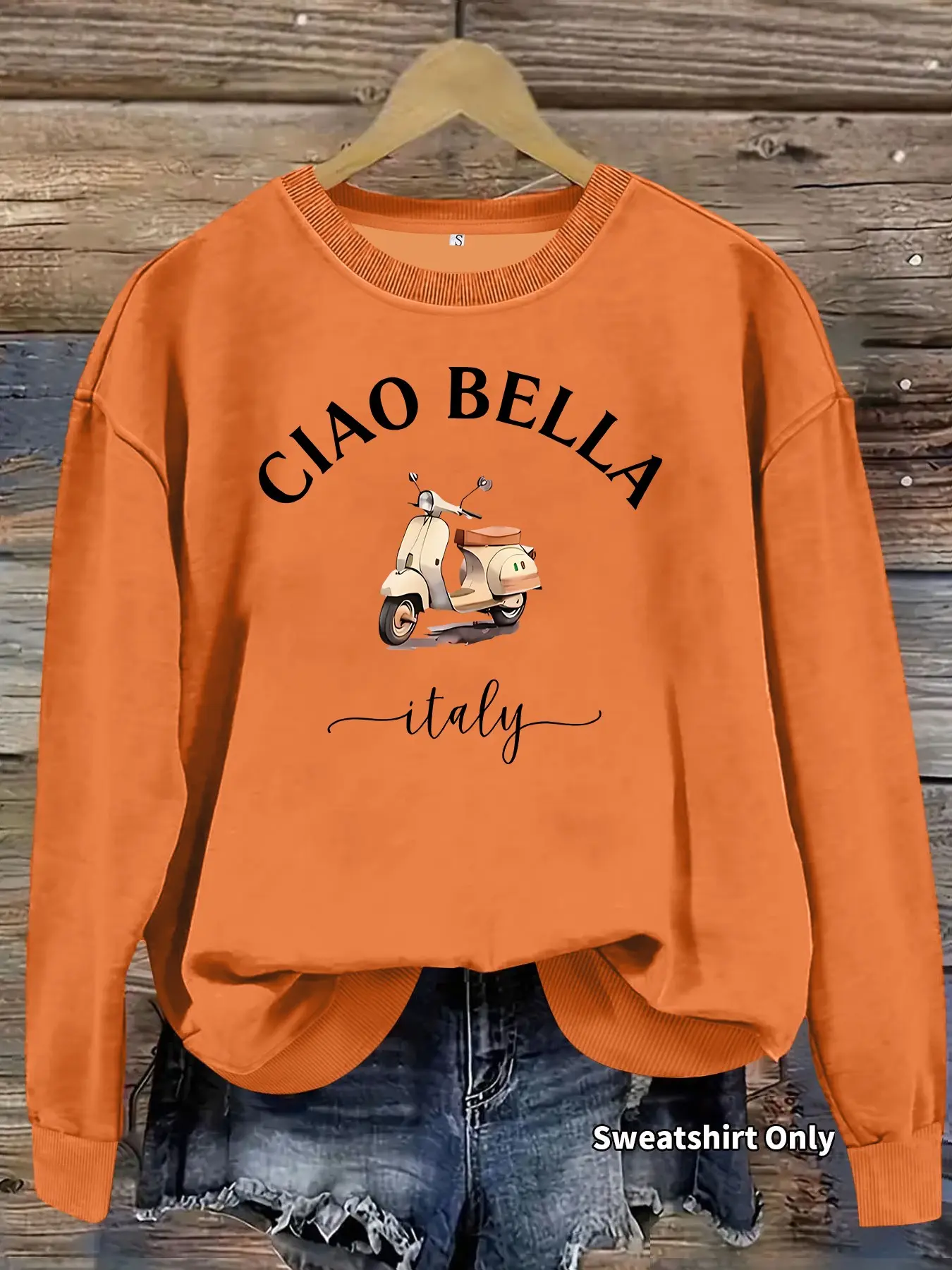 Women's Casual Round Neck Fleece Sweatshirt, Ciao Bella Skateboard Graphic Print, Four-Season Fashion Top, Comfort