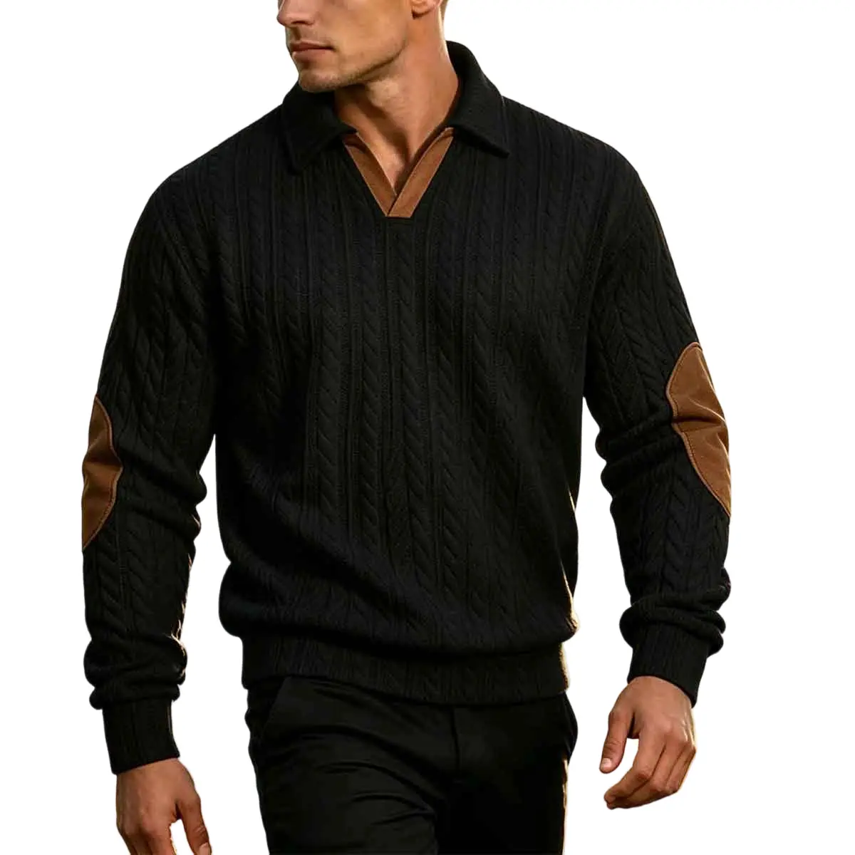 Men's Cable Knit Polo Sweater, Long Sleeve Collared V-Neck with Contrast Elbow Patches, Soft 100% Polyester Relaxed Fit Ribbed Cuffs Hem Breathable Classic Versatile Casual Pullover for Fall Winter Business Office Work Daily Vintage Style Wear
