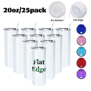 20 oz Sublimation Tumbler Flat Edge Blanks with Colorful Lid, Skinny Straight Cups Bulk, Individual Box, Plastic Straw