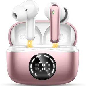 Wireless Earbuds, 48H Bluetooth Earbuds with LED Display Charging Case, Bluetooth Headphones 5.4 HiFi Stereo Ear buds with ENC Noise Cancelling Mics, IP7 Waterproof Earphones for Android iOS, Rosegold