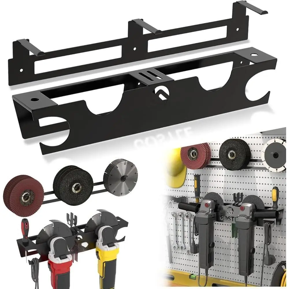 2 Bay Angle  Holder with Discs Hook Rack, Grinders Power Tools Holder Storage Rack, Wall Mount Organizer Bracket for Cutters Polishers with Cord Hanger and Hooks