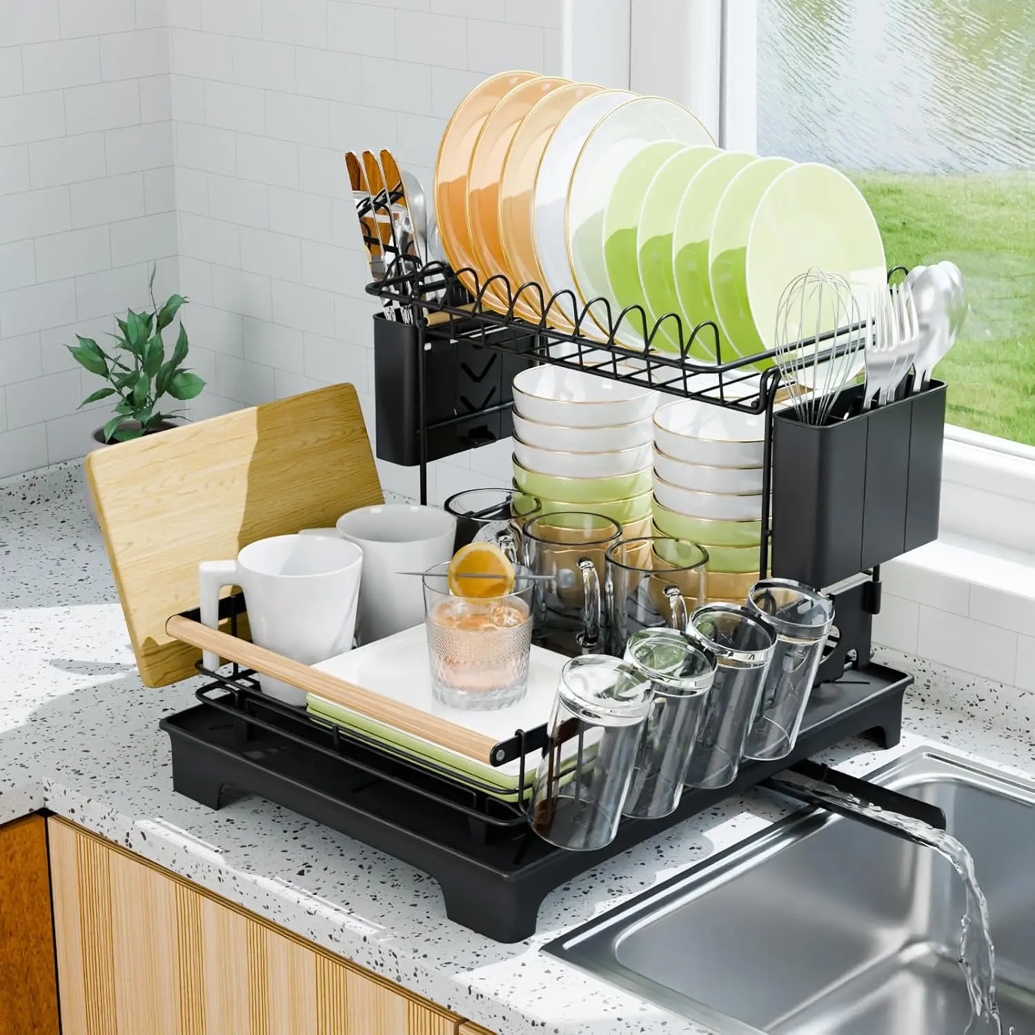 2-Tier Dish Rack with Drainboard: Large Capacity Anti-Rust Kitchen Counter Organizer with Cup, Utensil &  Board Holders, Heavy Duty Dish Drying Rack, Black