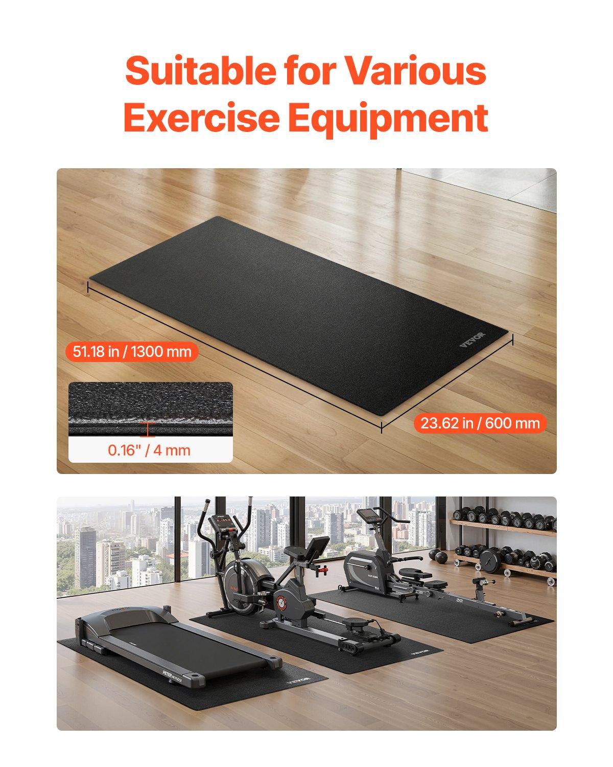 VEVOR Treadmill Mat for Carpet Floor, 23.62" x 51.18" x 0.16" Exercise Equipment Mat for Elliptical and Walking Pad, High Density PVC Floor Protector, Waterproof and Non-slip for Home Gym