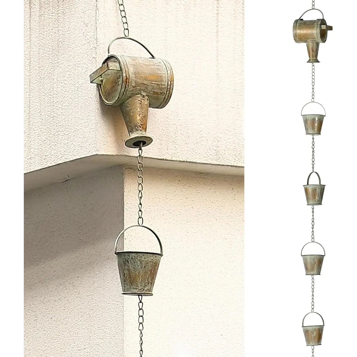 8.5Ft Decorative Rain Chain with Watering Can & Buckets | Rain Chains for Outdoor, Rustic Copper with Patinated Finish – Decorative Rainwater Management Solution for Patios and Yards