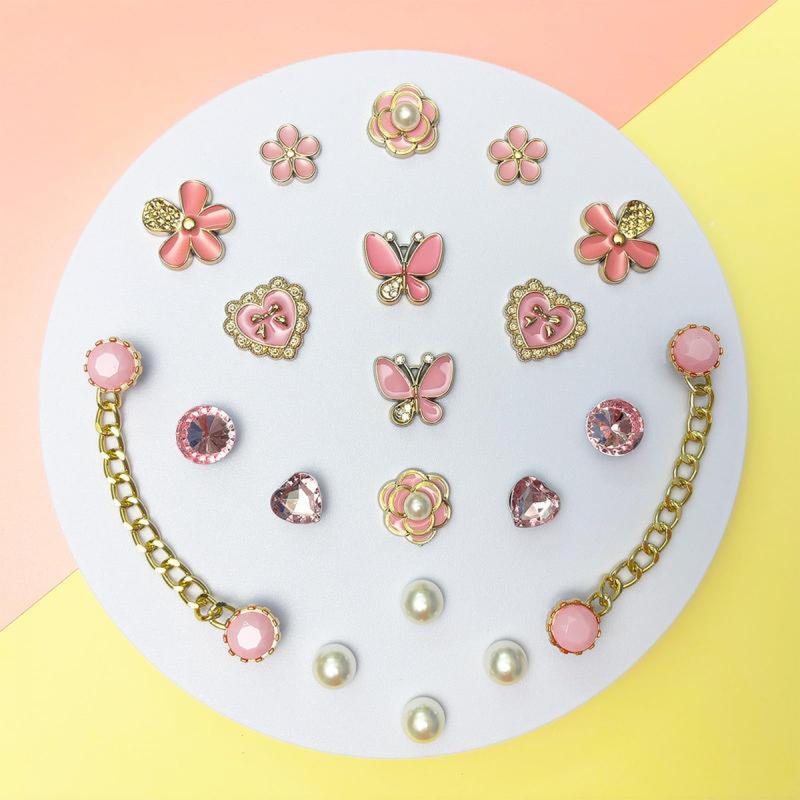 20pcs Bling Plastic Butterfly Flower Sparkling Rhinestones Diy Shoe Decoration Charms For Women's Party Favor Pink Footwear Pearl