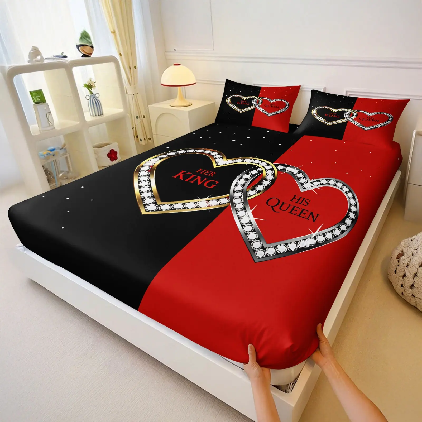 Luxury Romantic Couple Bed Sheet Set, Rhinestone Heart Design, Soft Microfiber, Deep Pocket, Valentine Birthday Gift