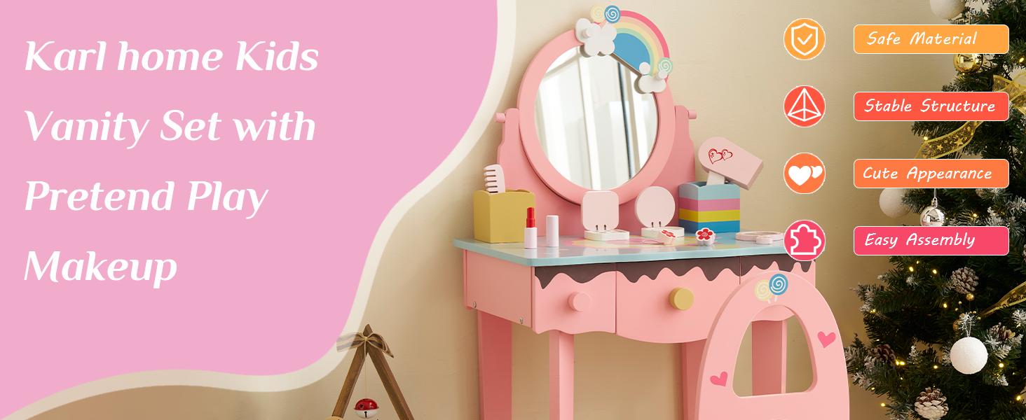 Karlhome Kids Vanity Table and Chair Set, Princess Toddler Dressing Table with 7pcs Multiple Make up Accessories 3 Drawers & Tabletop Storage, Wooden Pretend Play Vanity Set for Little Girls