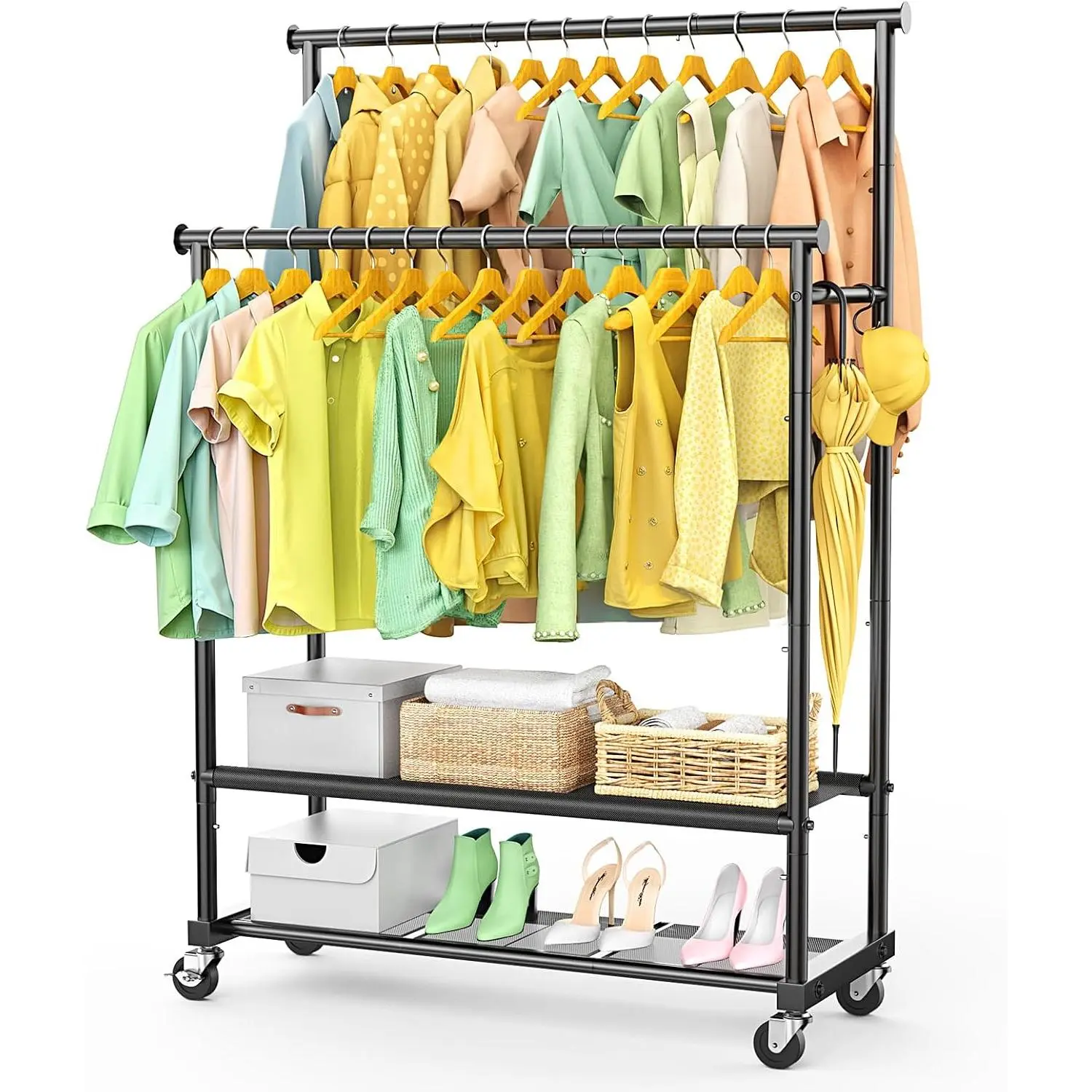Double Rods Clothes Rack for  Clothes, Heavy Duty Rolling Clothing Rack with Wheels, Freestanding Garment Racks with Oxford Bottom Shelf and Mesh Bottom Shelf for Bedroom Laundry Living Room