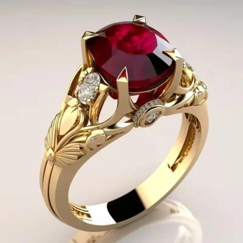 Retro Leaf Carved Ruby Ring Gold Color Red Crystal Engagement Ring Luxury Vintage Style Promise Ring for Women Wedding Jewelry