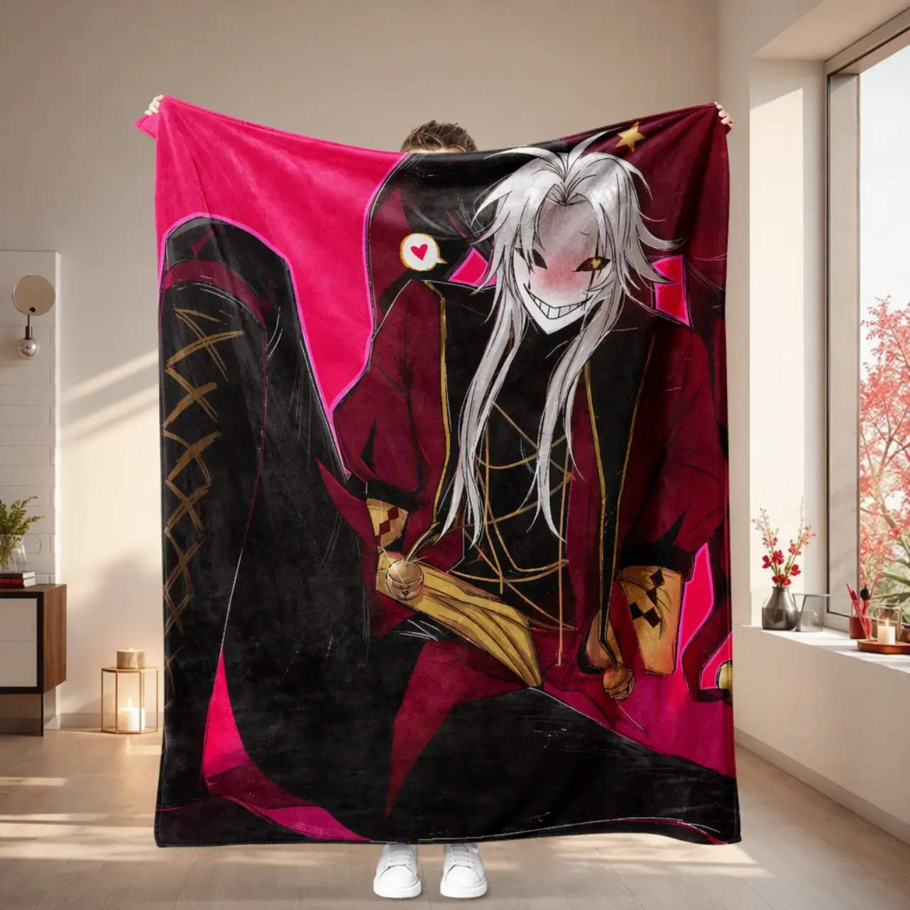 Red And Black Dark Style The FreakCircus Clown Pierrot Fan Art Illustration Fannel Blanket Handsome Character Print Soft Skin Friendly Throw Blanket For Office Nap Sofa Air Conditioning Spring Autumn Lightweight Blanket Gothic Dark Aesthetic Decor Hallowe