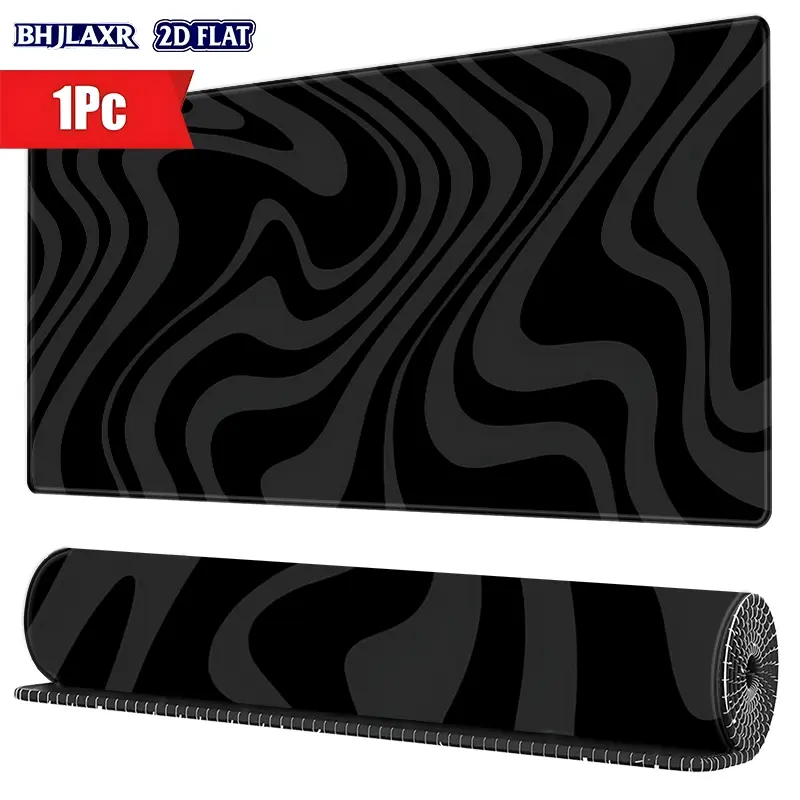 Abstract Black and Grey Liquid Swirl Gaming Mouse Pad with Stitched Edges, Non Slip Rubber Base, Perfect Gift for Gamers, for Office Computer Desk, 15.7x35.4inch