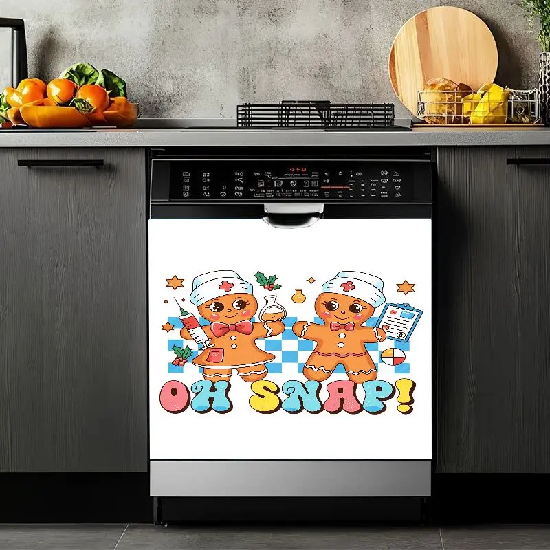 2D Flat 2Pcs Gingerbread Nurse Doctor Pattern Dishwasher Cover Magnetic Sticker Decorative Kitchen Appliance Wrap Oh Snap Cartoon Medical Theme Waterproof Removable Self-Adhesive Decal for Home Refrigerator Oven Washing Machine Cabinet