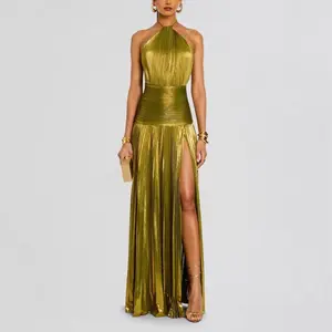 2026 Metallic Olive Gold Pleated Halter Maxi Dress High Slit Formal Evening Gown for Women Sleeveless Floor-Length Maxi with Tie Closure - Fabric, Fit