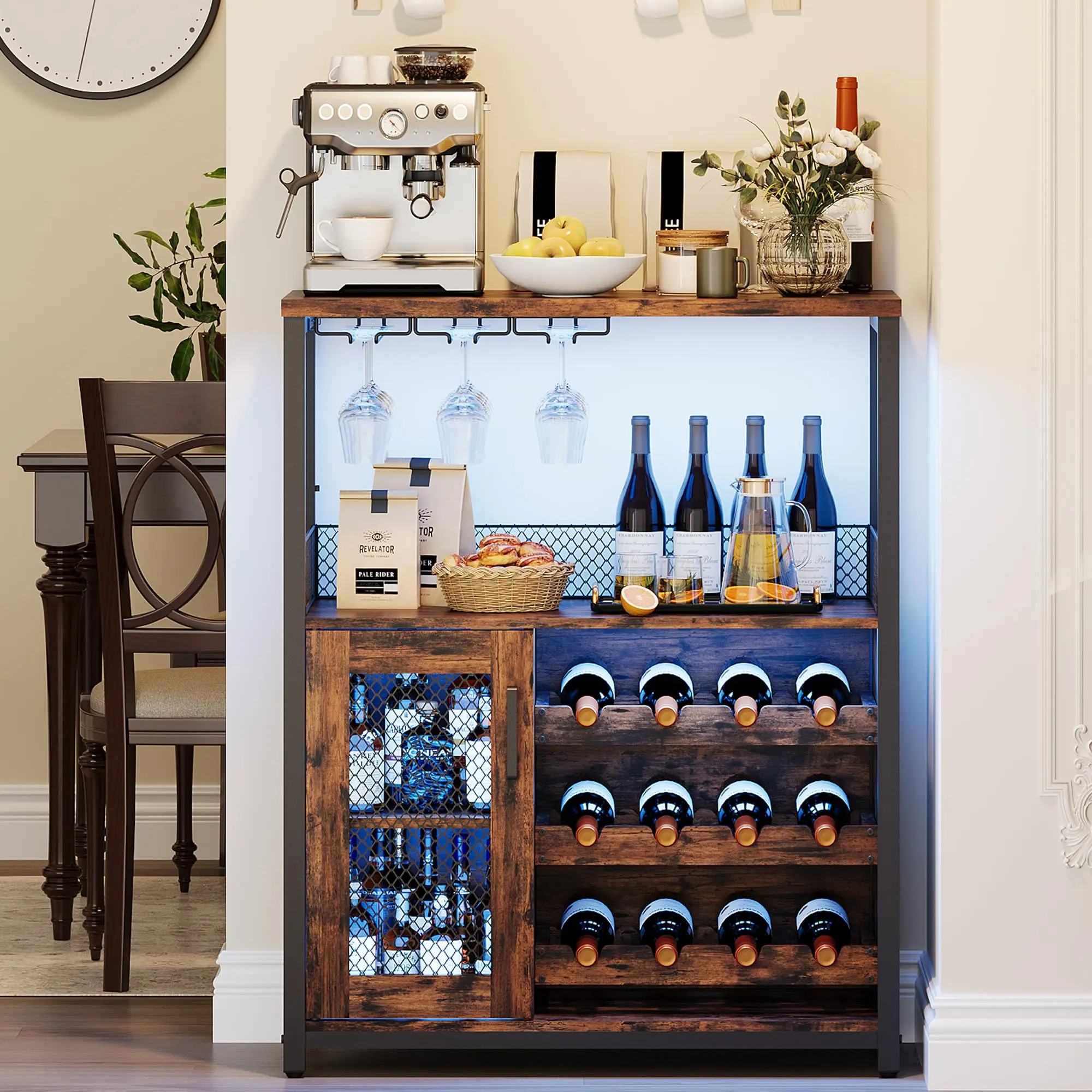 Classic 3-Tier Wine Bar Cabinet - Freestanding Sideboard Bar with Detachable Wine Rack, LED Lights, Mesh Door, Storage Shelves, Liquor & Coffee Storage, 70x35x92cm