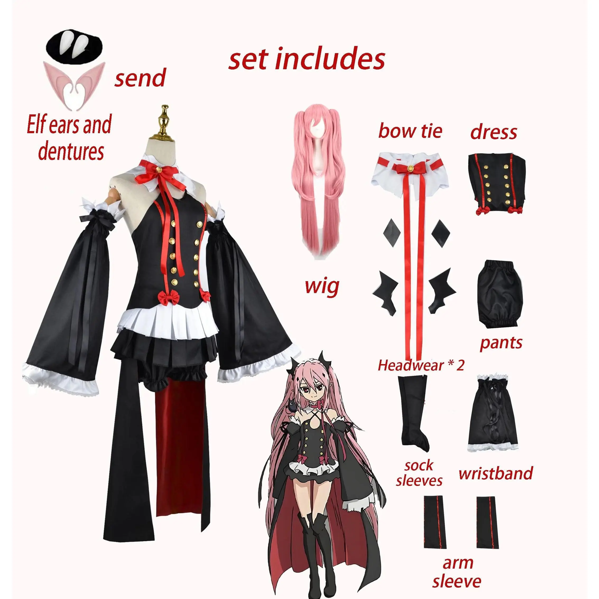 Owari No Seraph Krul Tepes Cos Outfit Black Red Frilled Dress Long Flare Sleeve Comple Cosplay Suit  Vampire  For Stage costume