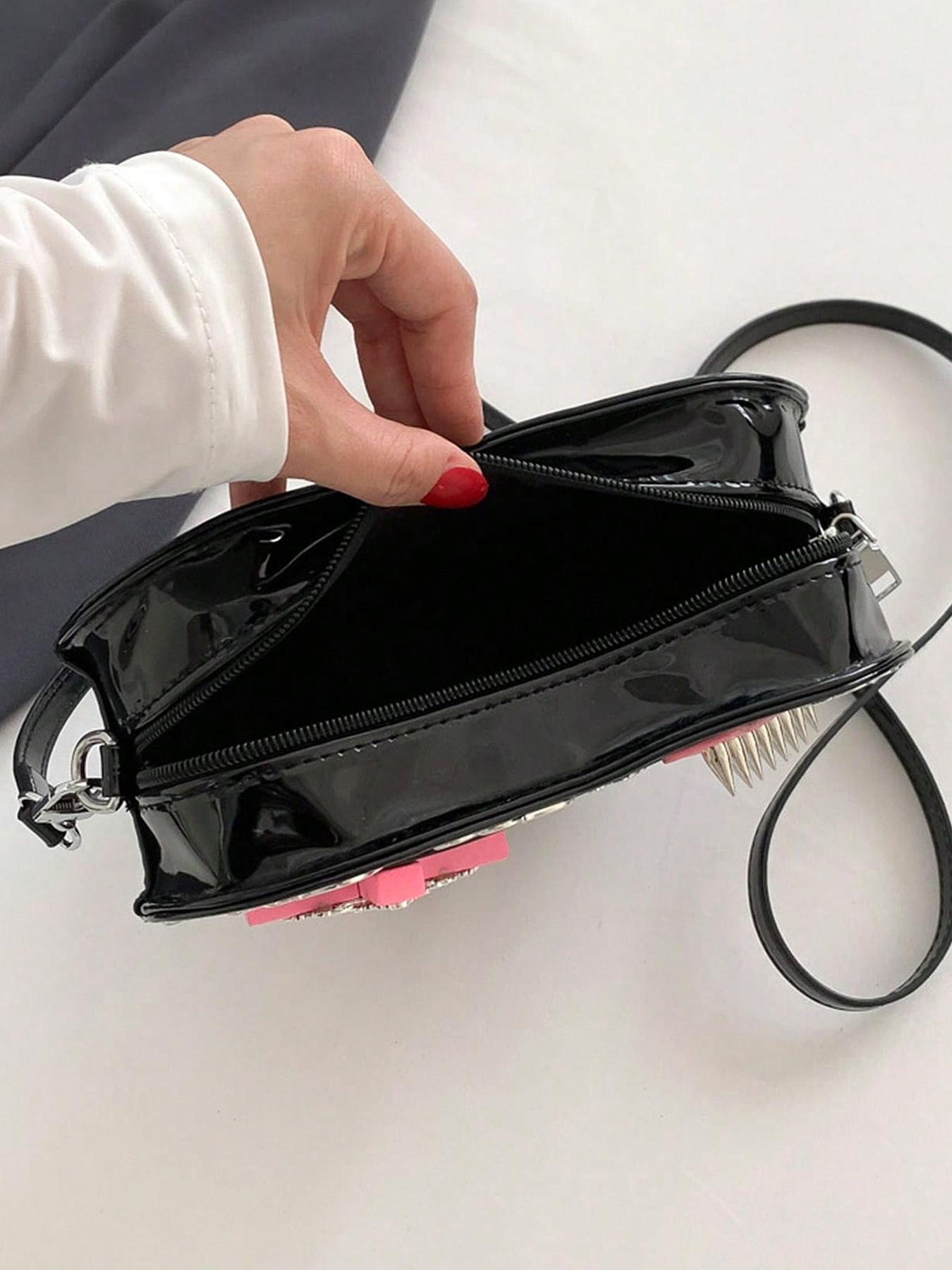 Halloween dark heart-shaped bag, Gothic cross flame decoration, black and pink contrast rivet shoulder crossbody bag, Fashionable crossbody bag, with multiple colors to choose from, suitable for daily travel, shopping