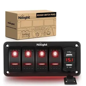 Nilight 4Gang Aluminum 5Pin ON/Off Red Rocker Switch Panel w/ 4.8 Amp Dual USB Charger Voltmeter