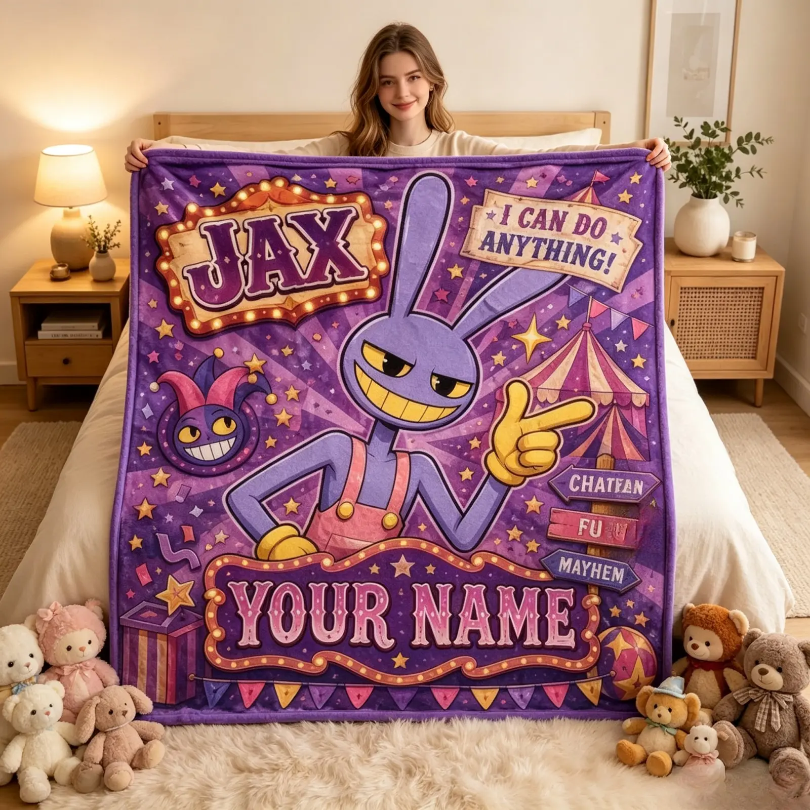 Custom Name Classic Digital Circus Lightweight Fleece Blanket - TADC Jax Cartoon Character Vibrant Print, Anti-Pilling Plush Fabric, Personalized Decor Gift For Kids, Bedroom/Dorm Bedding Essential