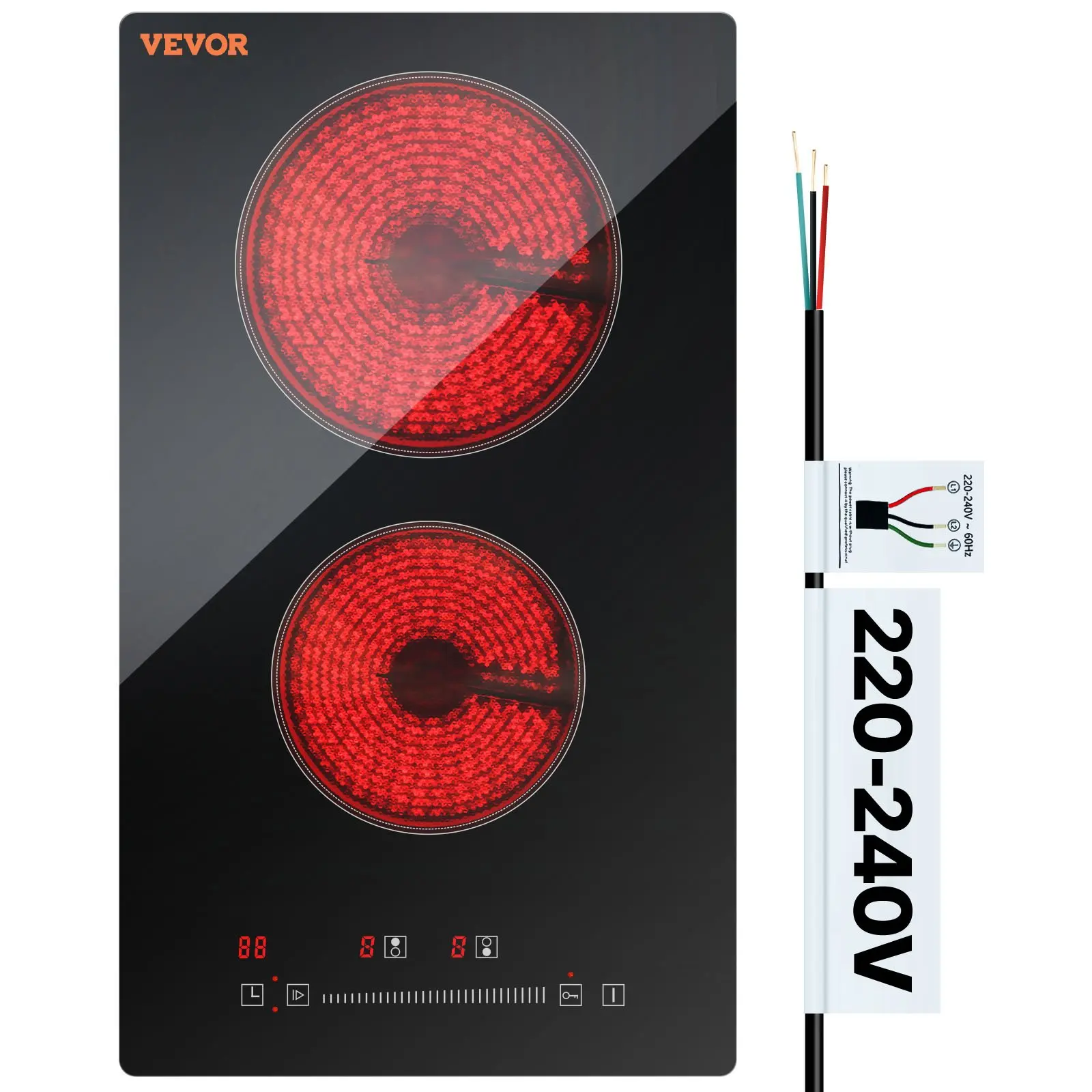 【Summerfinds】VEVOR Built-in Glass Top Stove, 20x11.6in 2-Burner 240V Ceramic Glass Radiant Heat Cooktop, Sensor Touch Temp Control, Timer, Child Lock, 9 Power Levels for Simmer, Steam, Fry