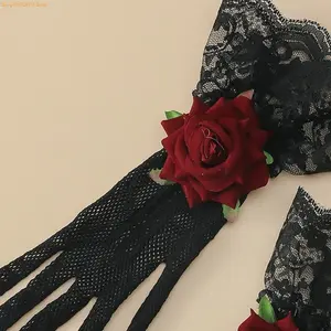 76HE Elegant Lace Short Gloves Wedding Bridesmaids Prom Evening Operas Gloves Gloves with Rose Flower Decorations
