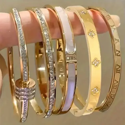 5-Piece Waterproof Titanium Steel Bracelet Set, Rhinestone Star Design, Unisex Jewelry, Stackable, Elegant, High Quality, Fashion Bracelets, Stacked Bracelets