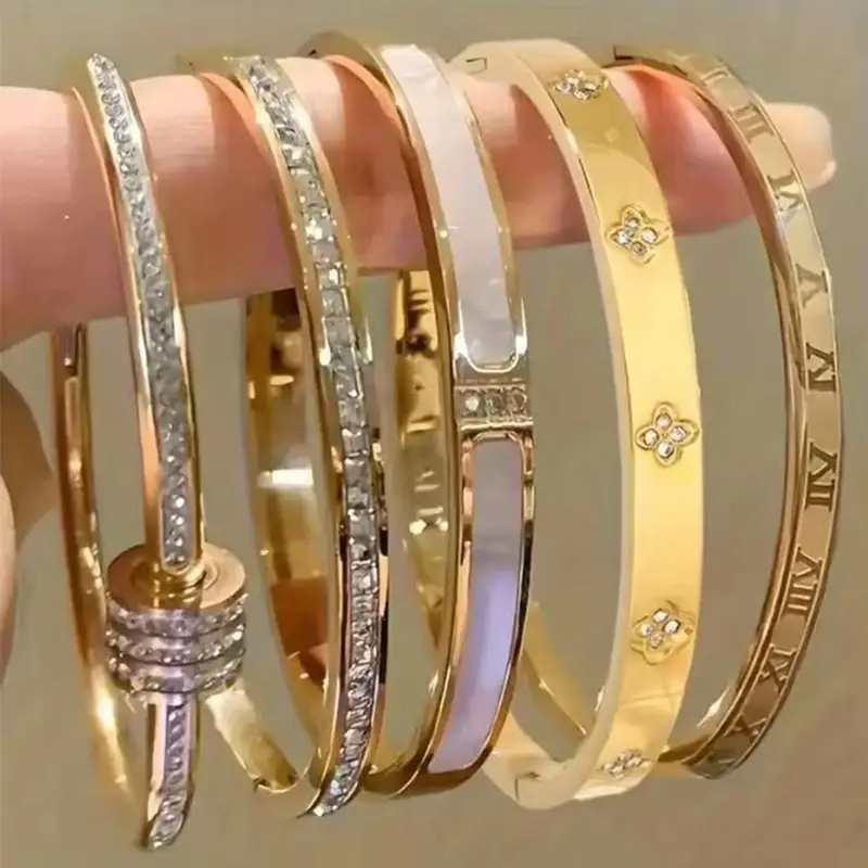 5-Piece Waterproof Titanium Steel Bracelet Set, Rhinestone Star Design, Unisex Jewelry, Stackable, Elegant, High Quality, Fashion Bracelets, Stacked Bracelets