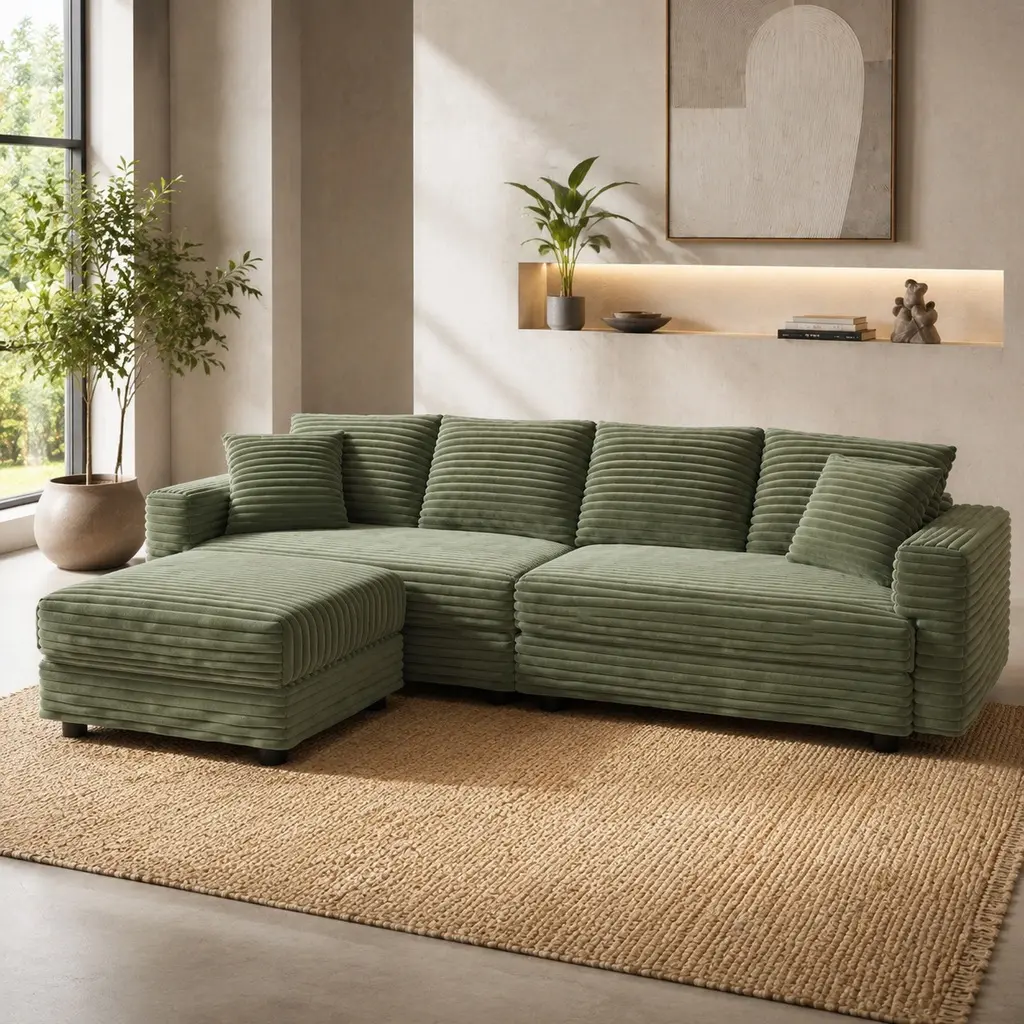 ARCH Green Plush Corduroy 4-Seat Sturdy Modular Sectional Sleeper Sofa - 102.40 in. x 59.00 in. x 25.60 in., Deep-Seat Convertible, Sponge Cushioning, Soft Pillows, Movable Ottoman Chair, Indoor Living Room Upholstered Couch